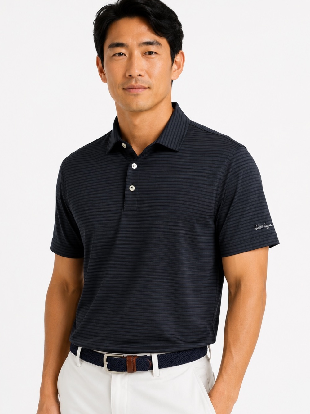 Walter Hagen Essentials Black Striped Golf Polo Mens Medium Performance Athletic